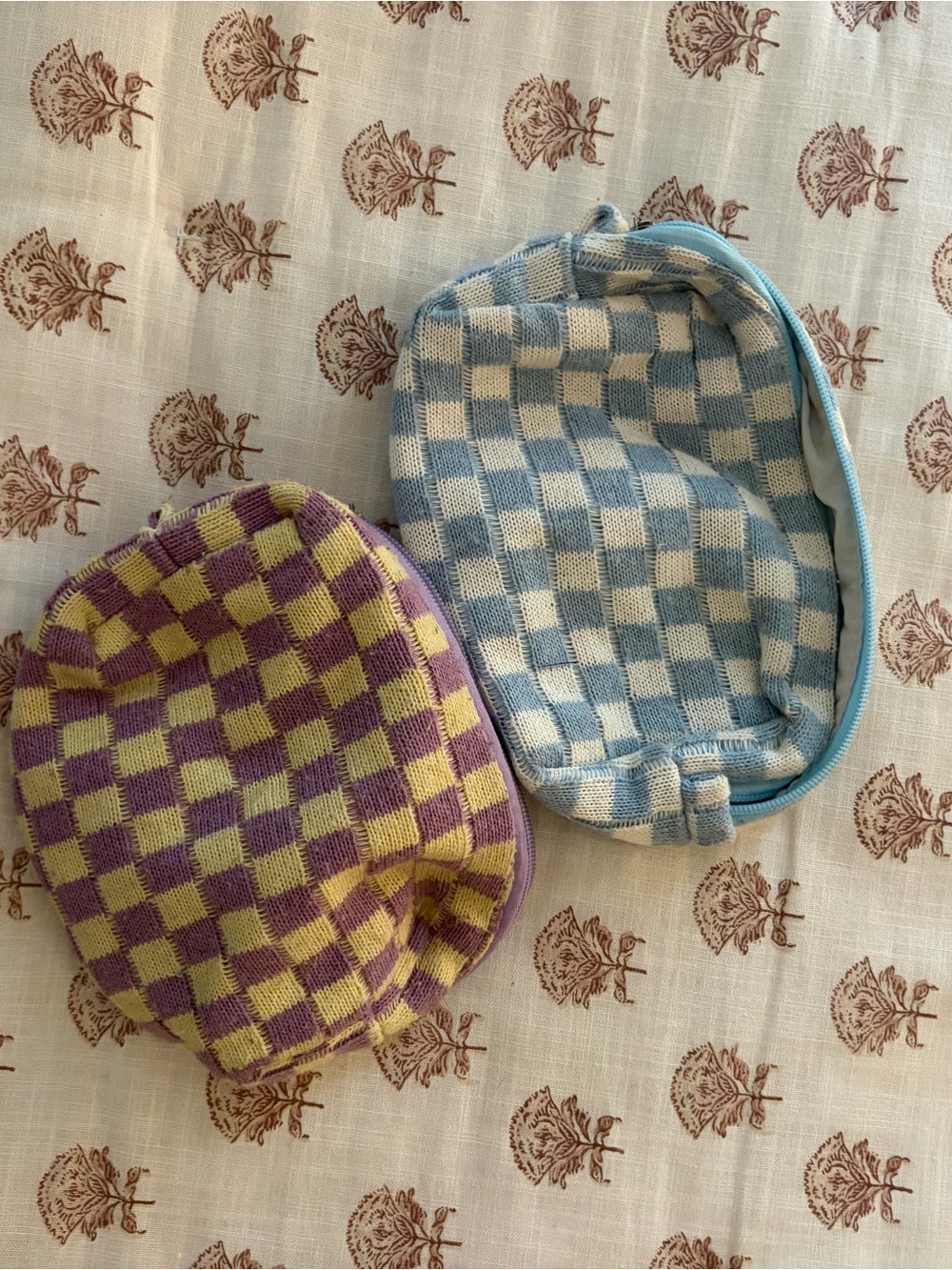 Checkerboard Knit Cosmetic Pouch - Blue & Cream